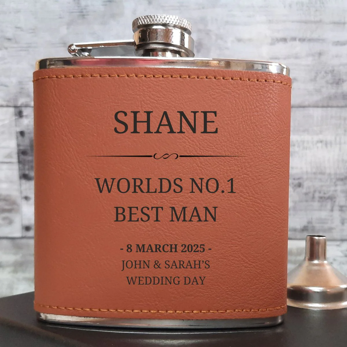 Personalised Brown Leather Hip Flask - Custom Name & Message - 2 Styles - Image 6