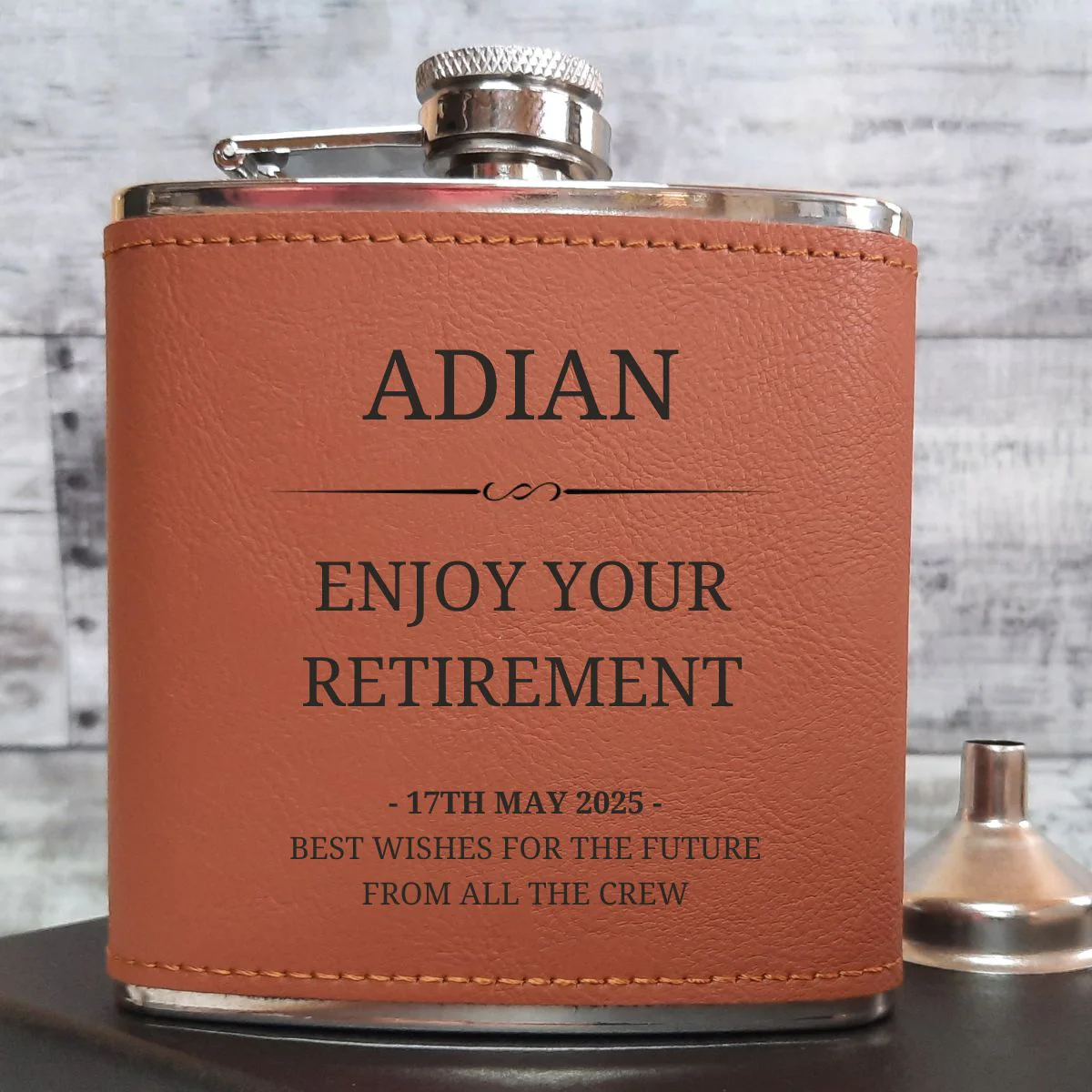 Personalised Brown Leather Hip Flask - Custom Name & Message - 2 Styles - Image 5