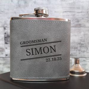 Personalised Groomsman Grey Leather Hip Flask - Custom Name, Role, Date & Message