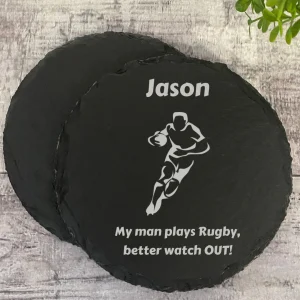 Personalised Rugby Round Slate Coasters With Name & Message